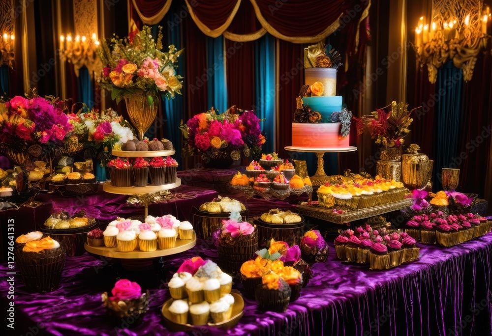 Fototapeta premium vibrant decadent dessert table colorful exquisite visual displays eye catching culinary experience, cake, cakes, desserts, pastry, pastries, cupcake