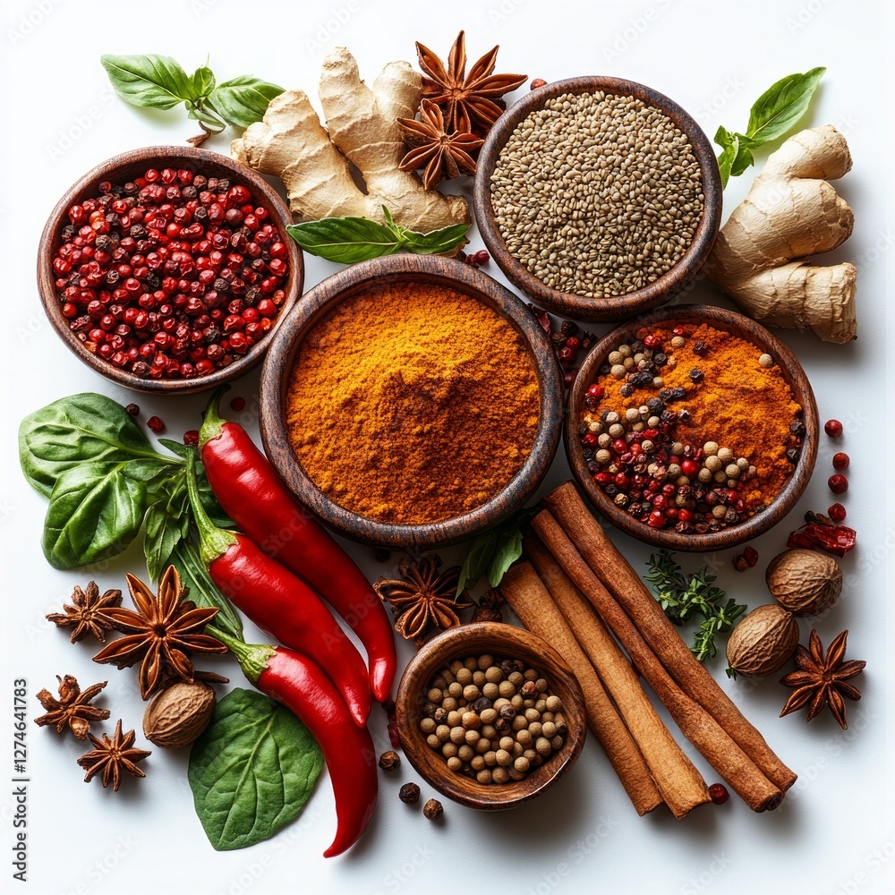 Vibrant spices and herbs arrangement with red chilies and star anise Vibrant spices and herbs arrangement with red chilies and star anise