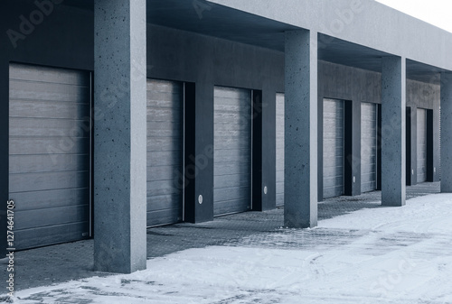 Row of Modern Garage Doors with Concrete Columns in a Snowy Winter Setting