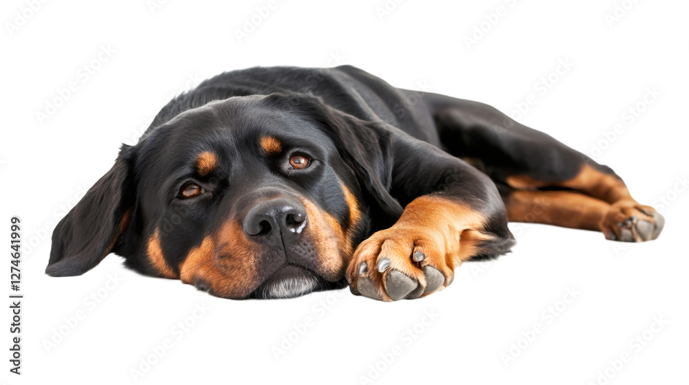 Obraz premium Rottweiler resting peacefully, displaying muscular build and gentle expression on clean white backdrop