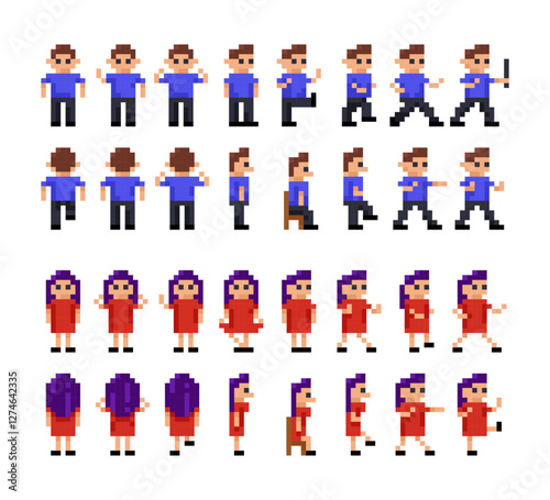 Pixel game character male and women for animation. 8 bit girl and guy character animation.