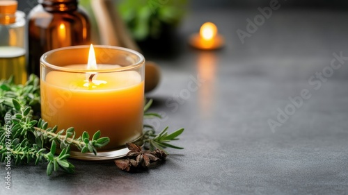 Lit candle with herbs on table, evoking aroma therapy and relaxation