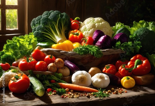 vibrant close display fresh vegetables rustic wooden table lush colors textures, asparagus, arugula, aubergine, basket, bell, pepper, broccoli, carrots