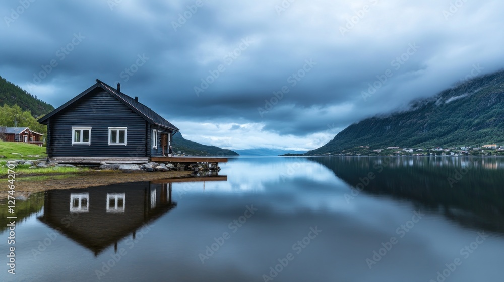 Fototapeta premium A black wooden cabin stands by a serene fjord, perfectly mirrored in the calm water, surrounded by mountains and an overcast sky