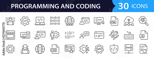 Programming coding set of web icons in line style. Software development icons for web and mobile app. Code, api, programmer, developer, information technology, coder and more. Vector illustration