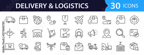 Delivery and Logistic set of web icons in line style. Shipping service icons for web and mobile app. Shipping, logistics, delivery, courier, tracking, refunds and more. Vector illustration