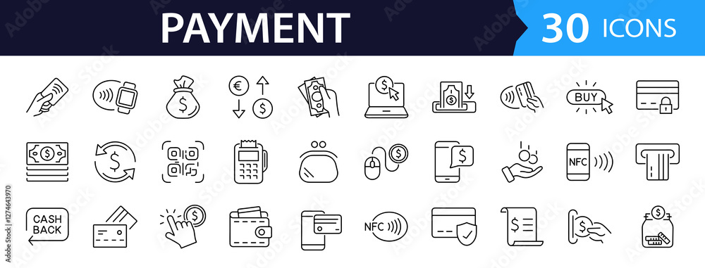 Payment set of web icons in line style. Business and finance payment icons for web and mobile app. Credit card, money, banking, exchange, cash and transaction, NFC. Vector illustration Payment set of web icons in line style. Business and finance payment icons for web and mobile app. Credit card, money, banking, exchange, cash and transaction, NFC. Vector illustration