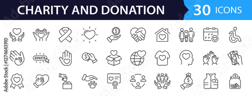 Charity and Donation set of web icons in line style. Volunteering and donation icons for web and mobile app. Help, caring, solidarity, alms, donate, volunteer, care, charity and more. Editable stroke