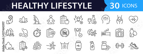 Healthy lifestyle set of web icons in line style. Fitness and sport icons for web and mobile app. Work and rest, physical activity, exercise, gym, sleep, body care and a diet. Editable stroke