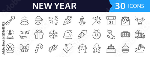 New year holiday set of web icons in line style. Merry Christmas and Happy New Year icons for web and mobile app. Winter, xmas, celebration, party, birthday, event, santa, tree, snow. Editable stroke