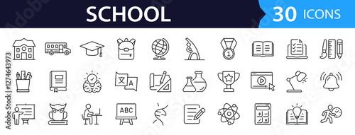 School set of web icons in linear style. Education and knowledge icons for web and mobile app. Back to school. Learning, classroom, students, online education. Vector illustration