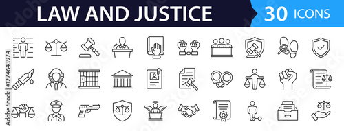 Law and justice set of web icons in linear style. Justice and law icons for web and mobile app. Legal documents. Law, judgement, prison, justice, court legal, lawyer, criminal. Vector illustration