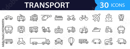 Transport set of web icons in linear style. Transport, vehicle and delivery icons for web and mobile app. Public transport, car, bike, train, bicycle, plane, bus, metro, ship, bulldozer, helicopter