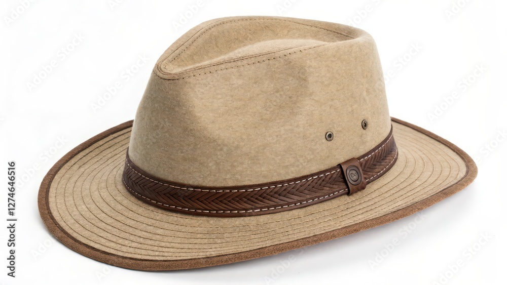 Beige Fedora Hat with Brown Band - Object on White Background Beige Fedora Hat with Brown Band - Object on White Background