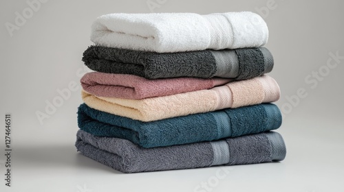 Set of folded, stacked colorful towels ready for use or display. Variety in hues and textures suggests a coordinated design.