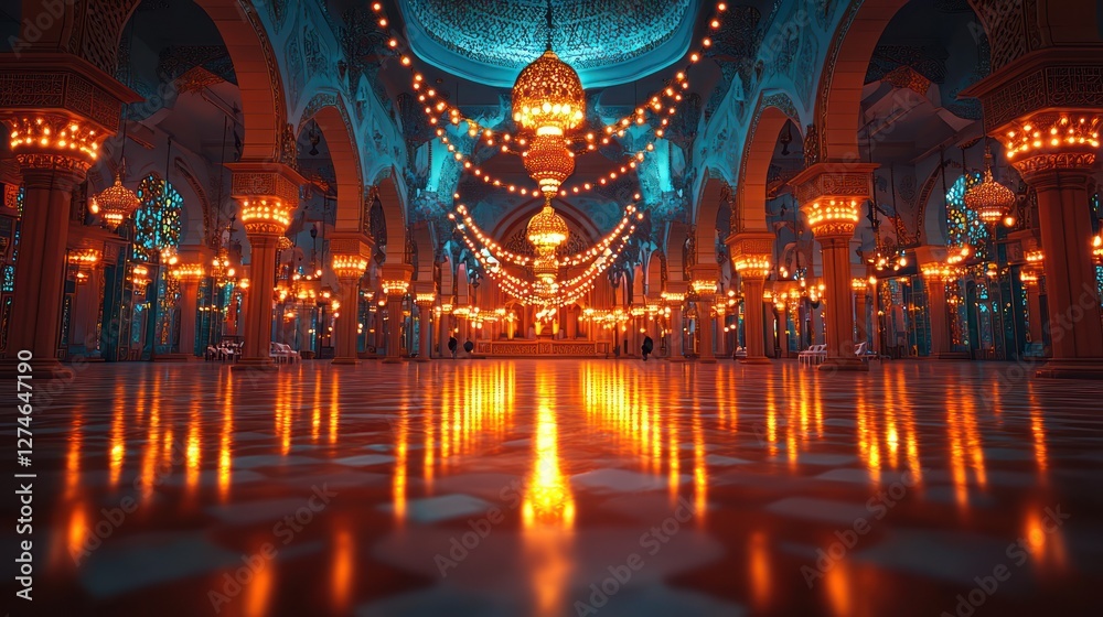 Obraz premium Illuminated Mosque Interior, Festive Decor, Night, Prayer Hall