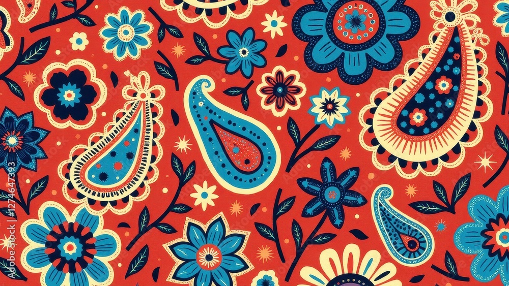Fototapeta premium A vibrant paisley print with blue and red floral patterns on an orange background.