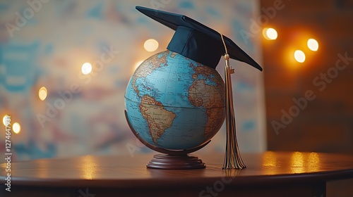 Glowing Globe with Graduation Cap, Online Education Concept, Global Success Path