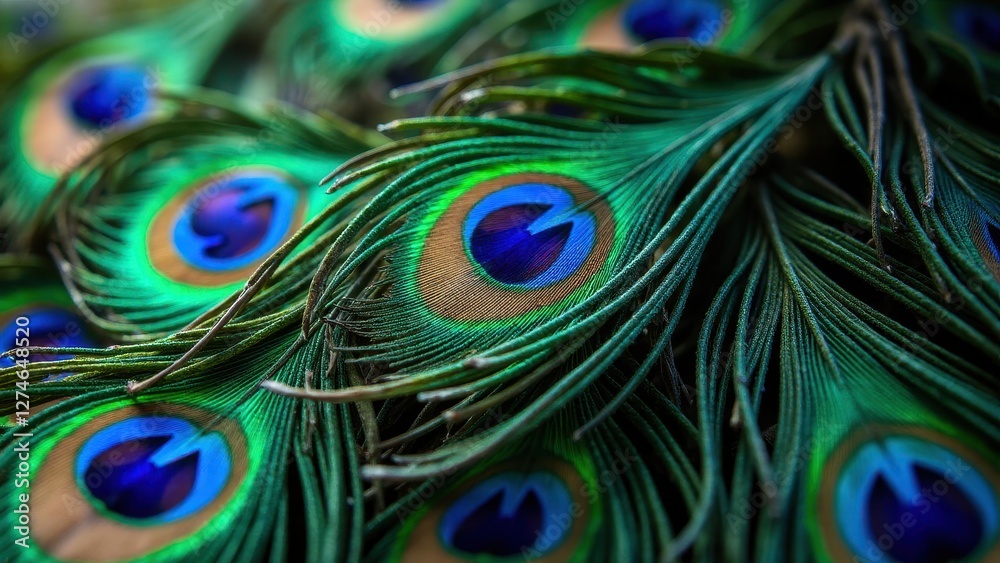 Fototapeta premium Close-up of vibrant peacock feathers with intricate patterns and vivid colors.