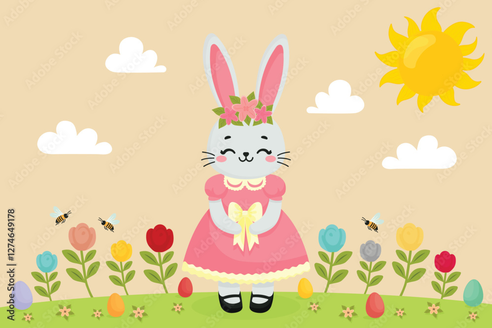 Fototapeta premium Cute Easter Bunny Enjoying an Easter Egg Hunt on a Sunny Spring Day Flat Vector Illustration