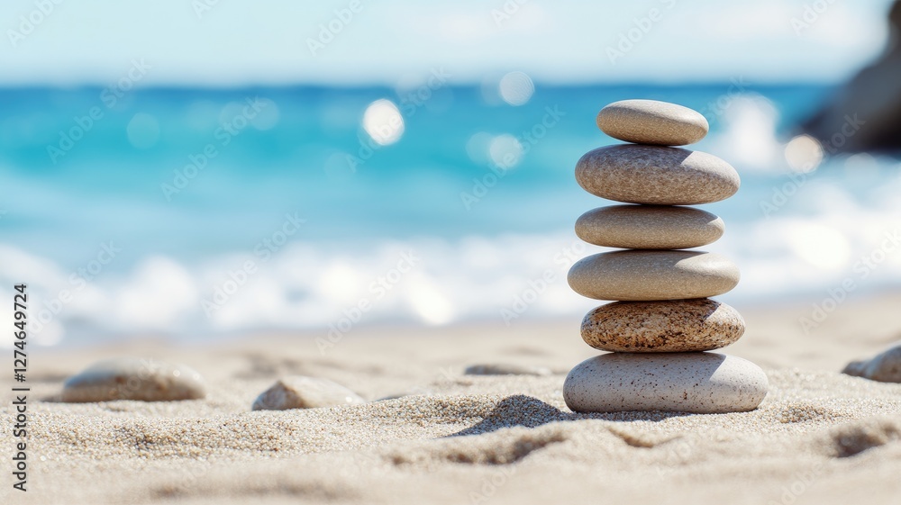 Fototapeta premium Balanced stones stacked on sandy beach with serene ocean backdrop