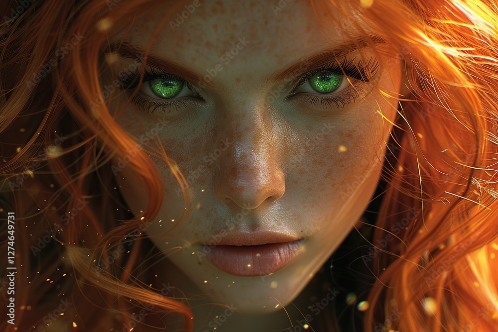 A beautiful illustration of a red-haired elf girl radiating grace and magic A beautiful illustration of a red-haired elf girl radiating grace and magic