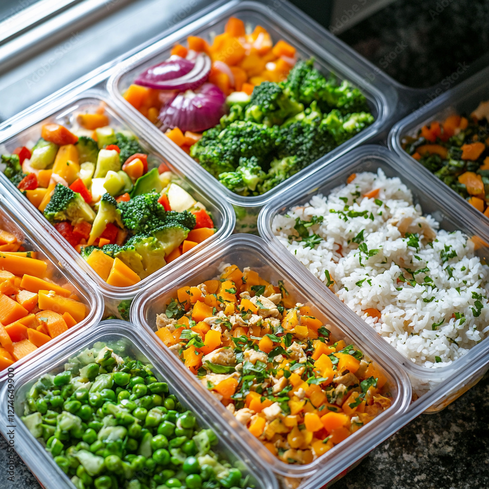 Fresh meal prep with colorful vegetables and rice arranged in containers on a kitchen countertop Fresh meal prep with colorful vegetables and rice arranged in containers on a kitchen countertop