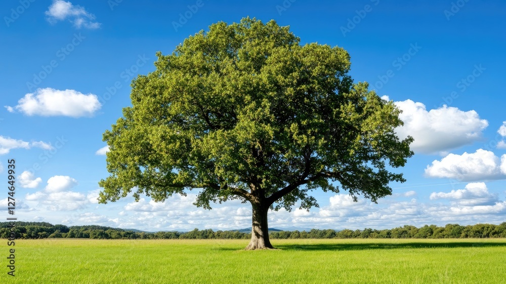 Majestic tree in lush green field under clear blue sky Majestic tree in lush green field under clear blue sky