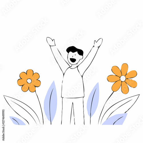 Cheerful young boy with outstretched arms standing amidst colorful flowers in a garden