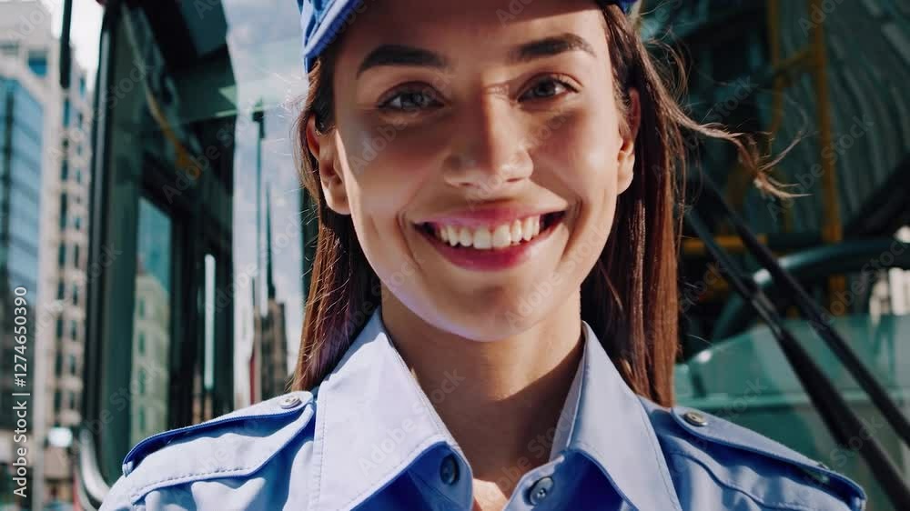 Smiling female bus driver with crossed arms, posing confidently in front of her red bus on a bustling city street, reflecting the vibrant urban landscape around her