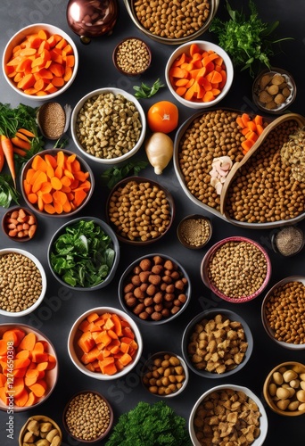 vibrant colorful collections premium dog food bowls showcasing fresh ingredients nutritional goodness, healthy, dry, wet, natural, organic, protein, fiber, fat
