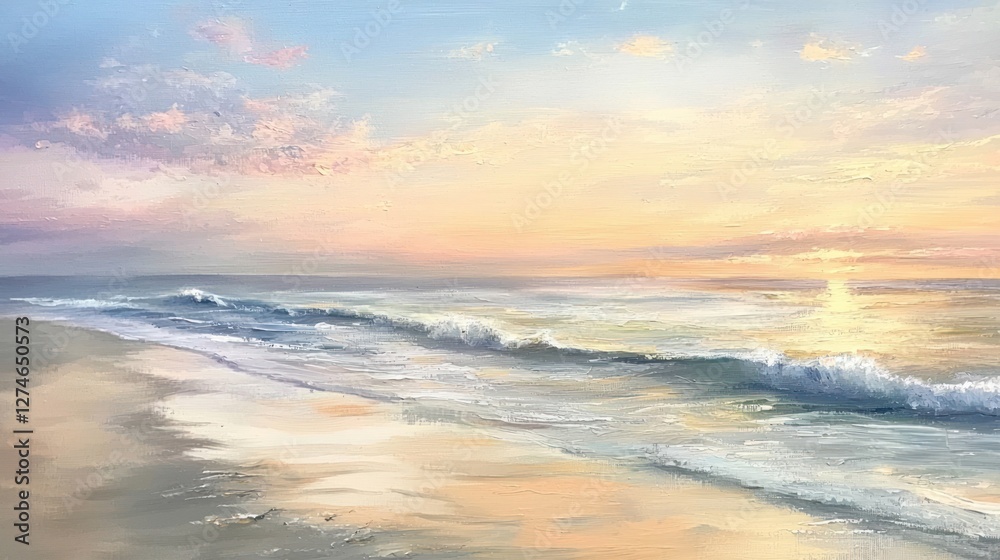 A peaceful beach scene at dawn with soft pastel skies, gentle waves lapping at the shore, and a sense of calm and tranquility. A peaceful beach scene at dawn with soft pastel skies, gentle waves lapping at the shore, and a sense of calm and tranquility.