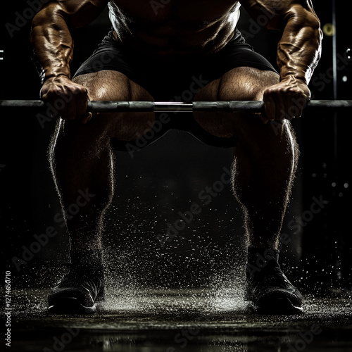 Strong athlete lifting weights in a dimly lit gym during an intense workout session