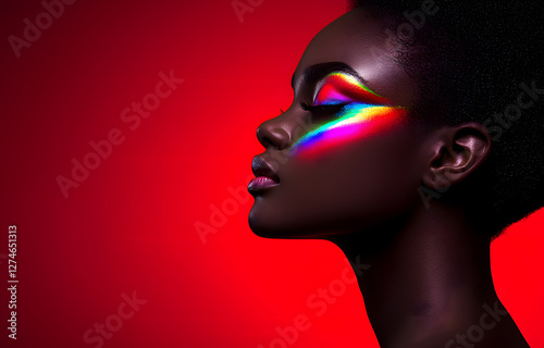 Vibrant rainbow makeup artistry studio photography bold colors profile view creative expression photo