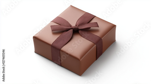 a close up of brown chocolate box with brown  beautiful ribbon isolated on white background