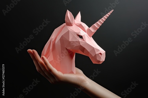 A pink paper unicorn's head is held by a woman with a well-done manicure, set against a black background. The unique geometric lines and shapes make it a distinctive interior accessory and a