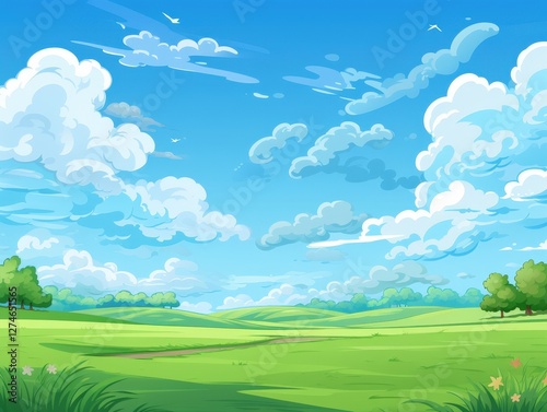 Cartoon Pathway curves through field, cloudy sky background. For presentations