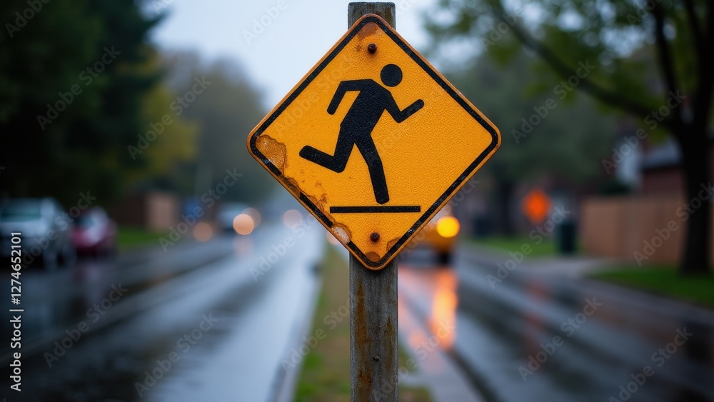 A slippery when wet road sign on a rainy day, with blurred cars and trees in the background.