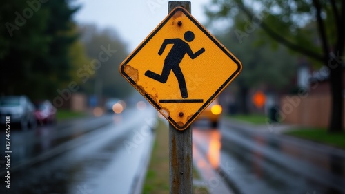 Obraz na płótnie A slippery when wet road sign on a rainy day, with blurred cars and trees in the background. w salonie