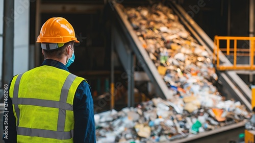 Waste management worker supervising recycling conveyor belt  
