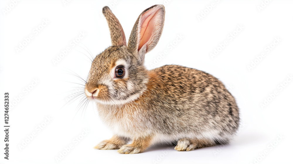 Fototapeta premium young gray fur farm rabbit with tall ears isolated on white background 