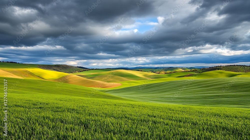 Obraz premium Rolling Green Hills Under a Dramatic Sky