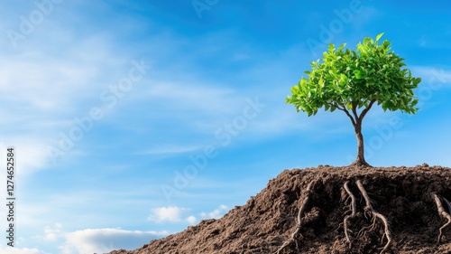 Wallpaper Mural Small tree with exposed roots growing on mound under blue sky Torontodigital.ca