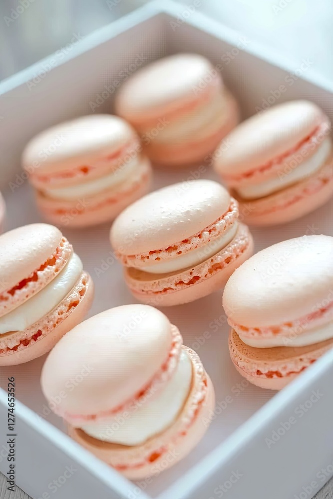 Obraz premium Delicate pink macarons arranged elegantly in white box, inviting