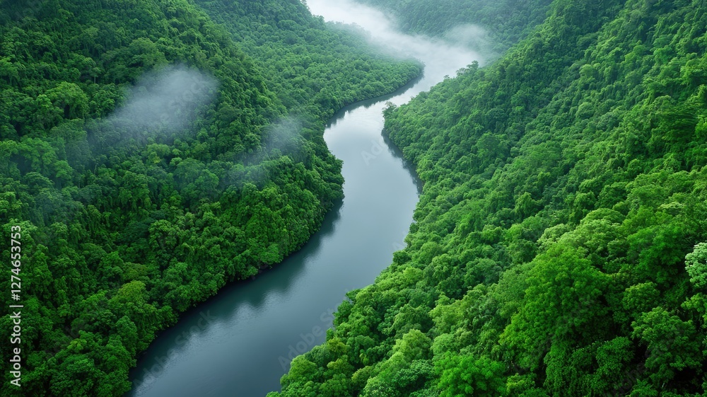 Lush, green rainforest river with foggy weather, aerial view Lush, green rainforest river with foggy weather, aerial view