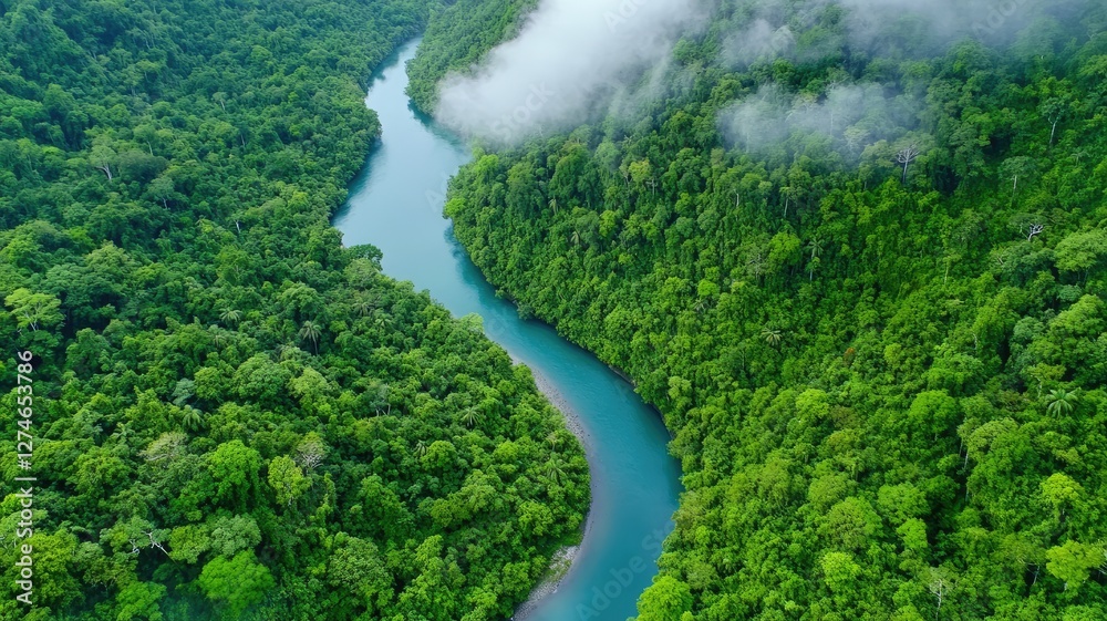Aerial view of lush, green rainforest with winding river on misty day Aerial view of lush, green rainforest with winding river on misty day