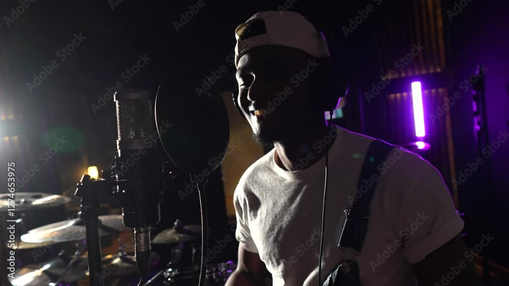 Talented musician creates new song, singing with passion into microphone in recording studio, surrounded by instruments and equipment