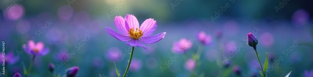 A delicate purple flower blooms in a field of deep blue, flowers, purple, field A delicate purple flower blooms in a field of deep blue, flowers, purple, field