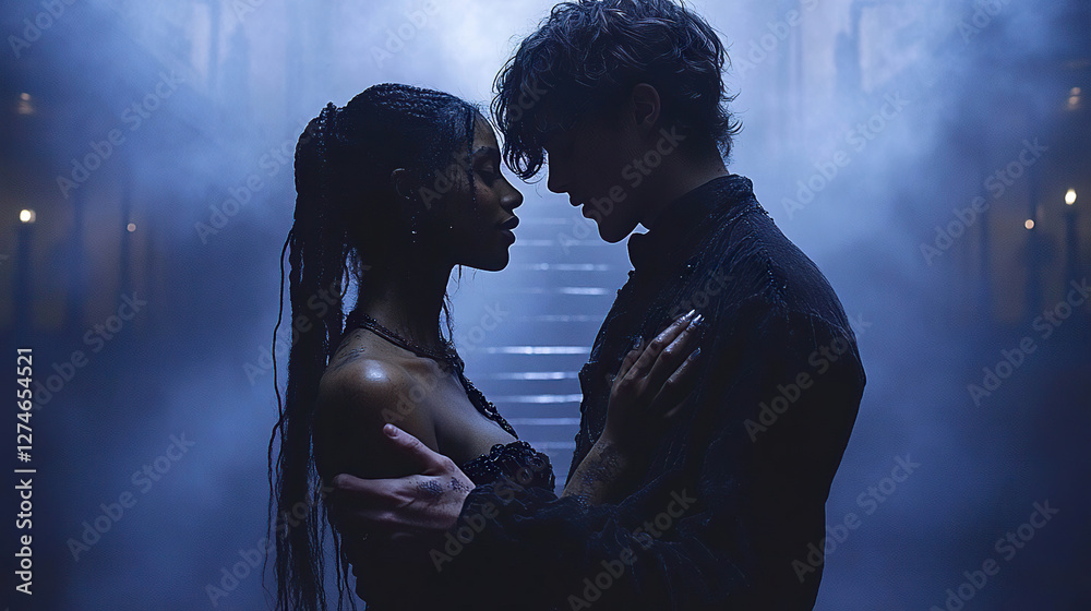 custom made wallpaper toronto digitalCouple in dark attire sharing an intimate moment in a mysterious atmosphere. Generated with AI