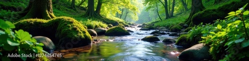 A gentle stream flowing through a forest landscape , river, foliage, nature